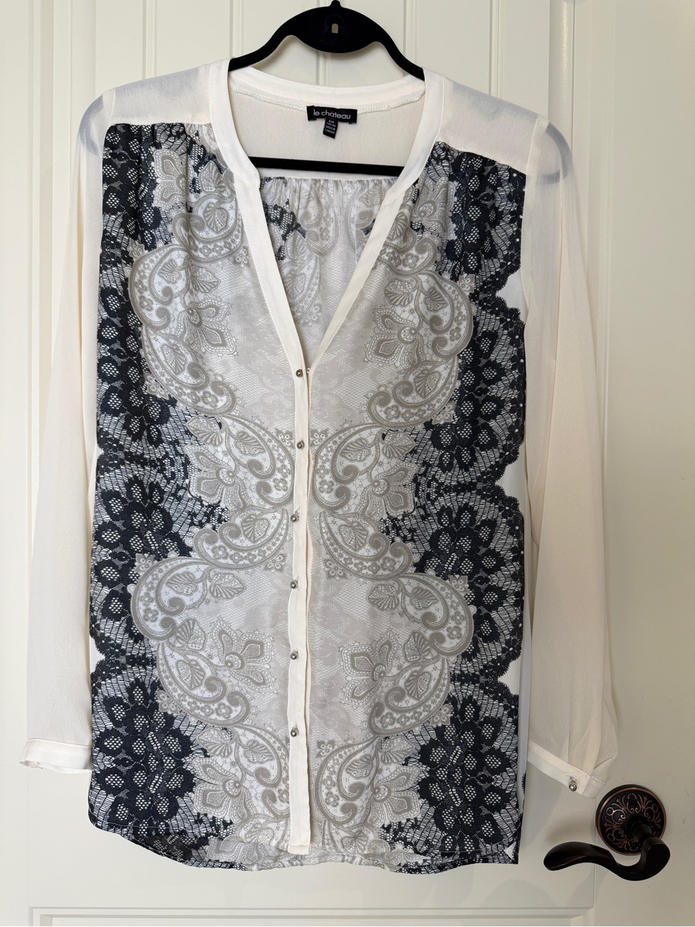 Le Chateau Women's Blouse Size S Cream Black Lace Print Sheer Button Up